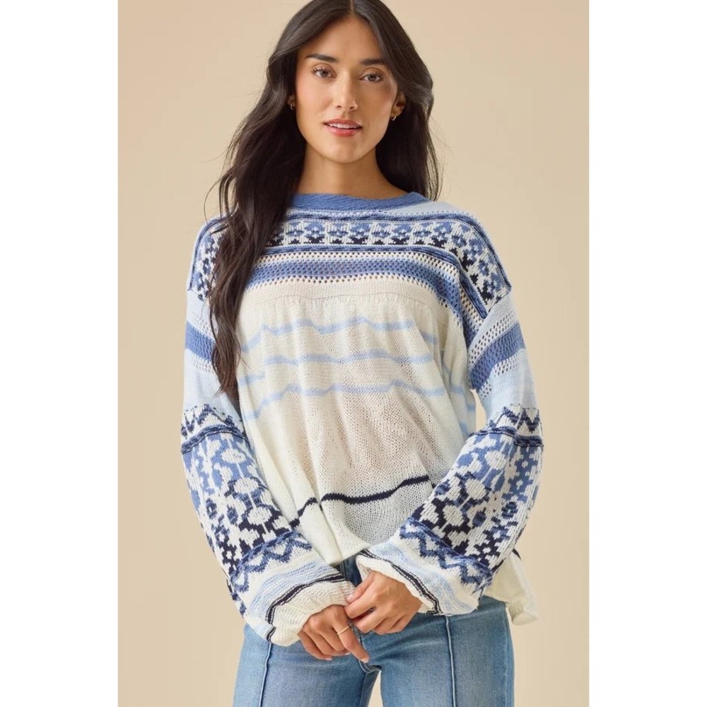 Altar'd State‎ Women Fair Isle Pointelle Knit Crewneck Sweater Size XL